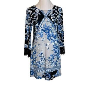 Alfani Dress Womens SIze XS Blue Black Crocheted Accents Stretch Floral Shift